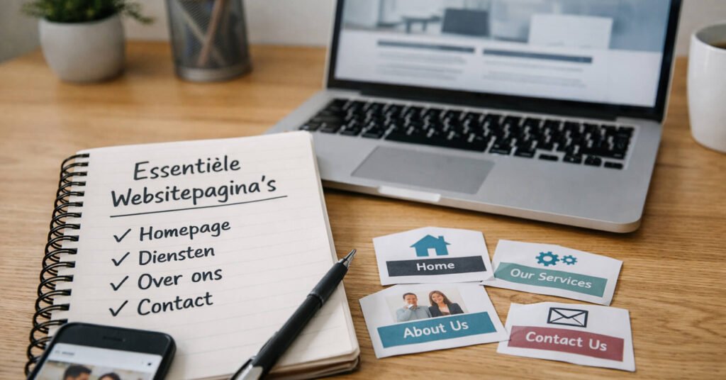 Voorbeeld van de minimale websitepagina’s: homepage, diensten, over ons en contact