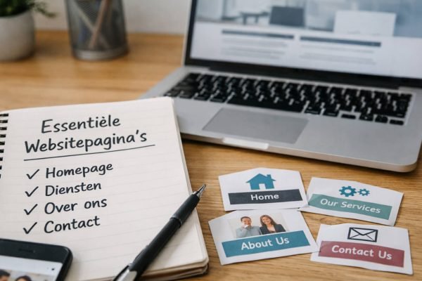 Voorbeeld van de minimale websitepagina’s: homepage, diensten, over ons en contact